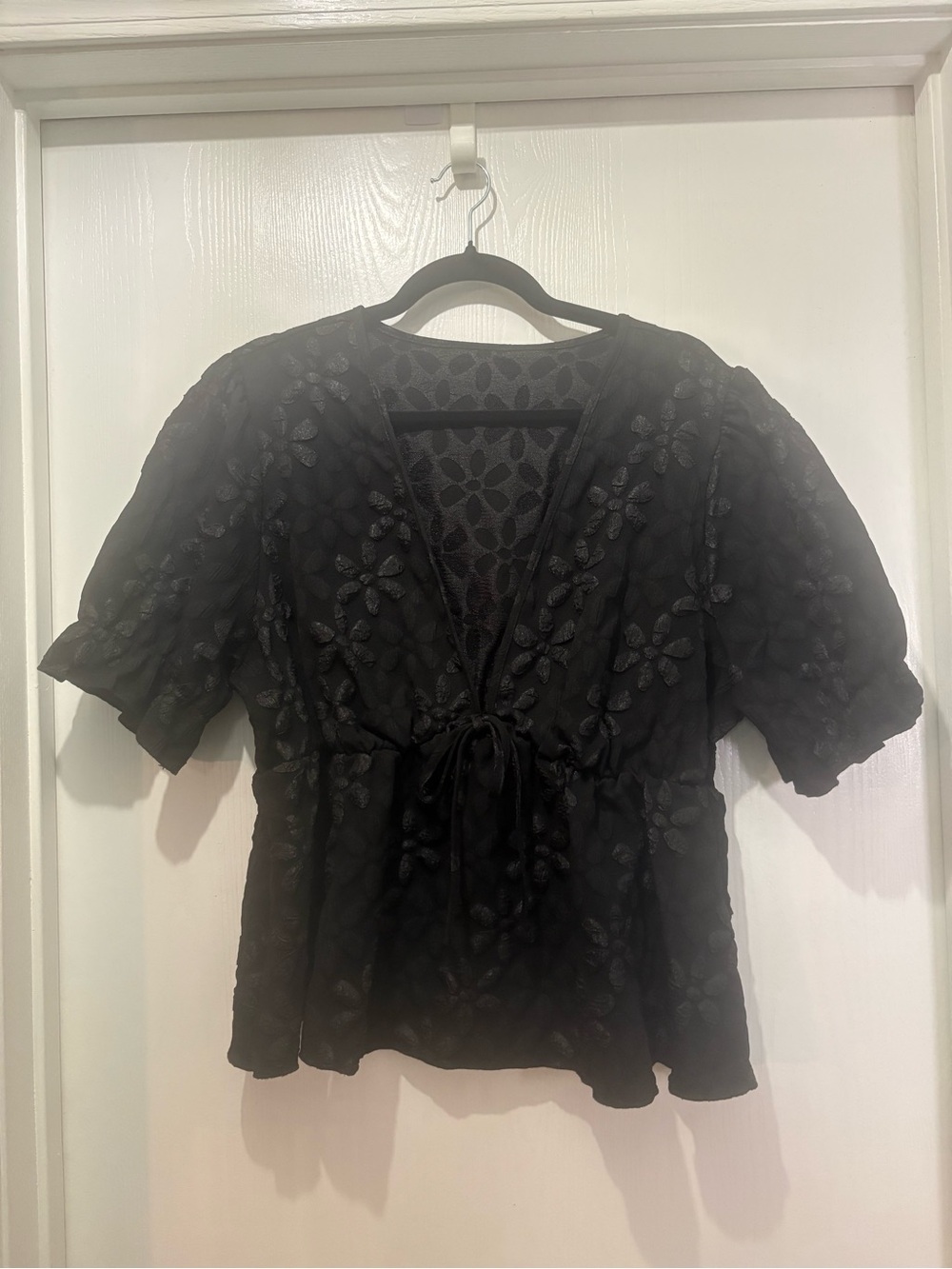 Women's Black Floral Embroidered Tie-Front Top, 2X
